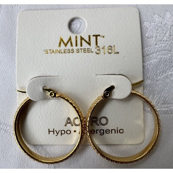 Mint Stainless Steel 316L Acero Hoop Earrings Hypo Allergenic Gold 25MM NEW - Picture 2 of 6